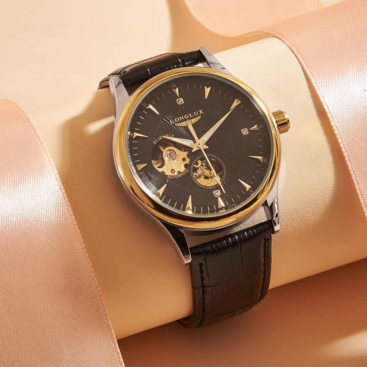 LONGLUX Leather Skeleton Mechanical Watch