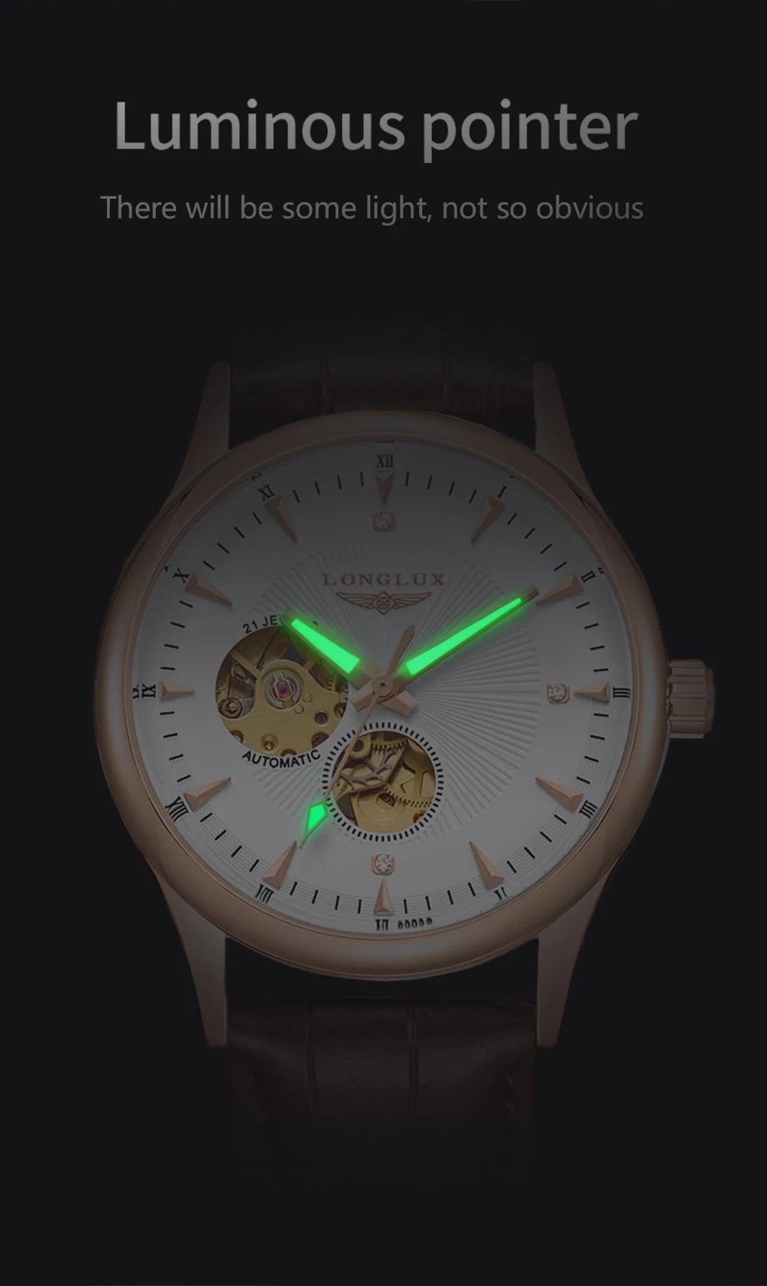 LONGLUX Leather Skeleton Mechanical Watch