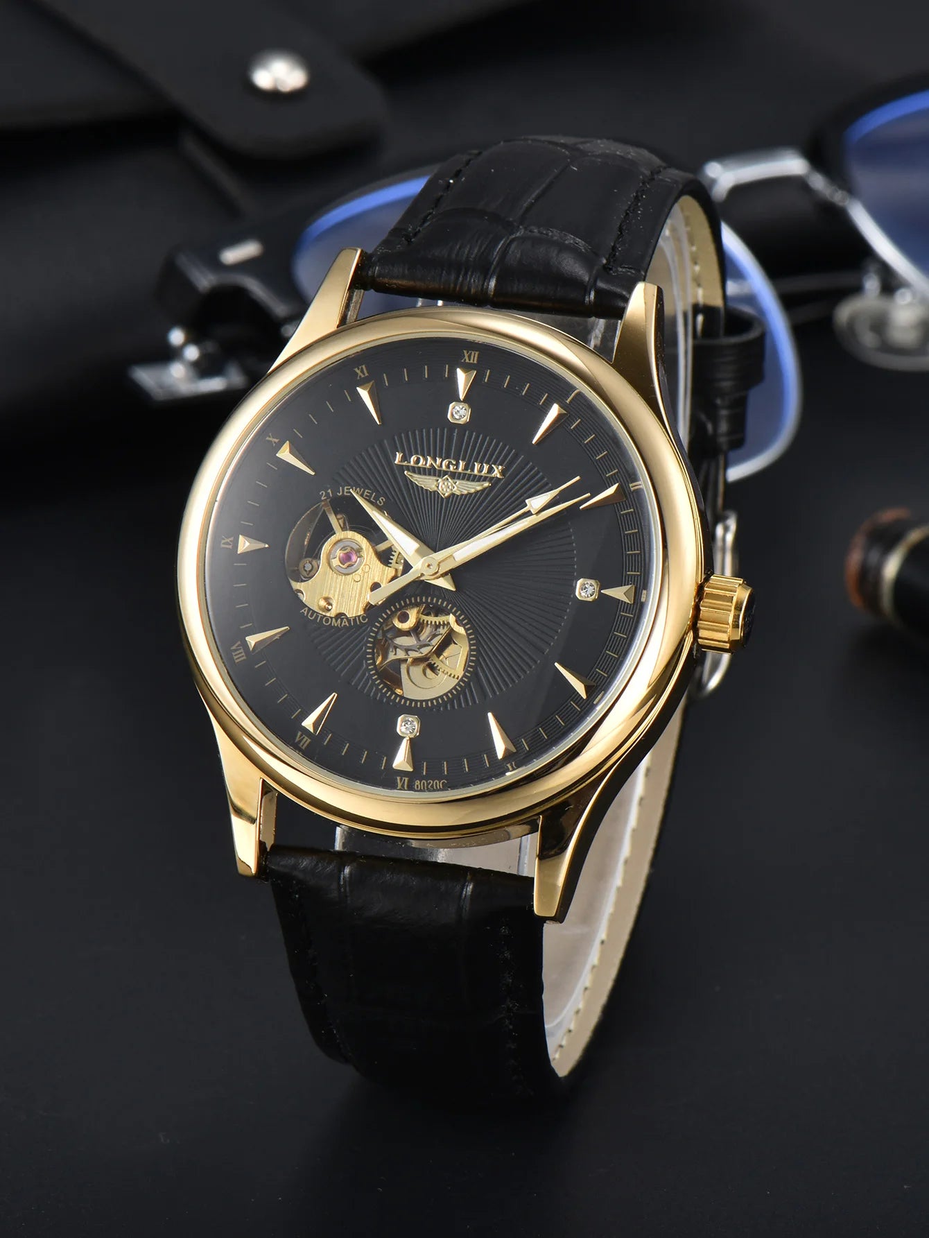 LONGLUX Leather Skeleton Mechanical Watch