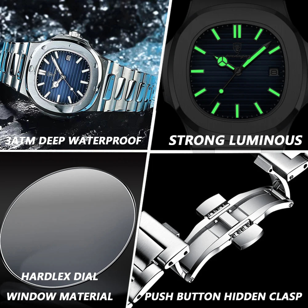 POEDAGAR Square Stainless Steel Watch