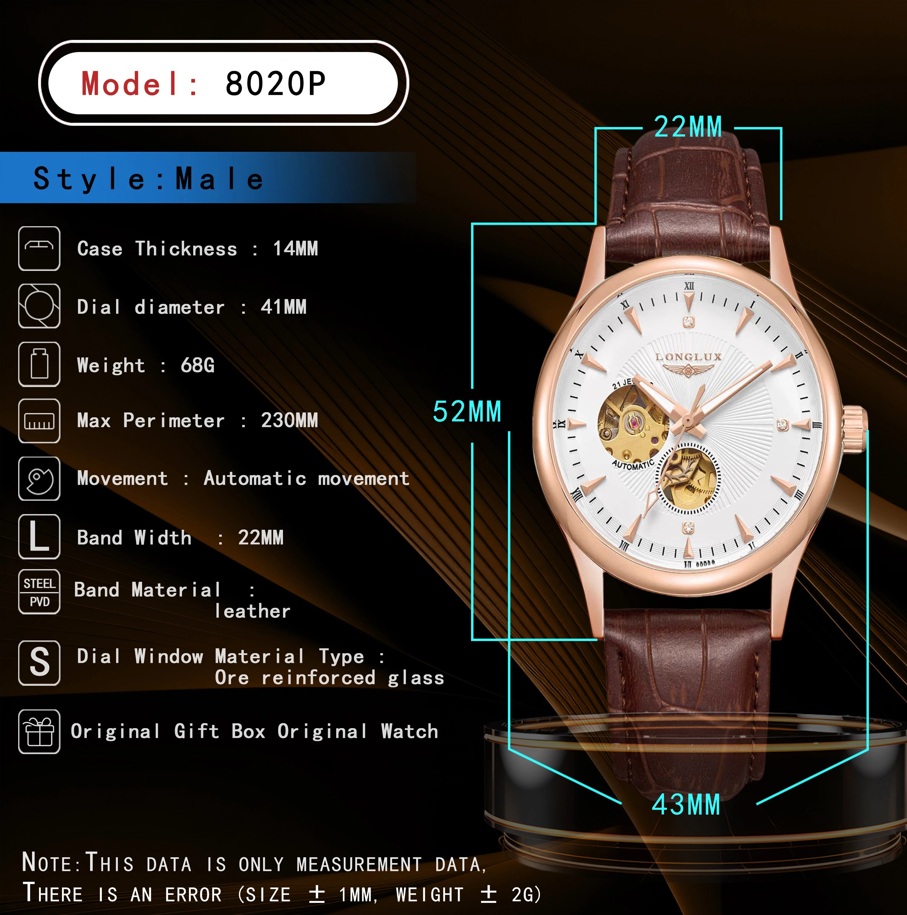 LONGLUX Leather Skeleton Mechanical Watch