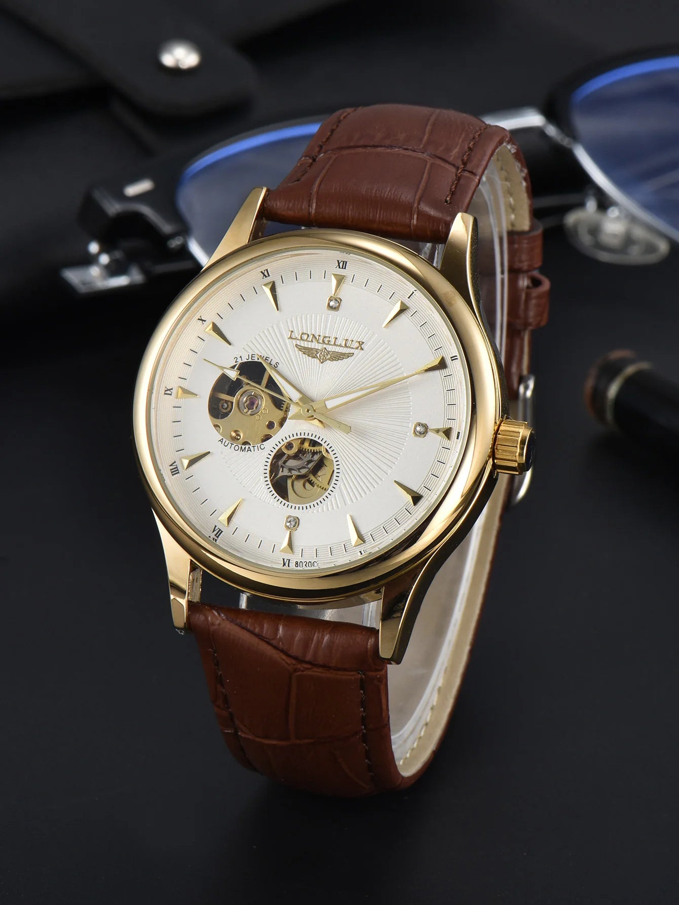 LONGLUX Leather Skeleton Mechanical Watch