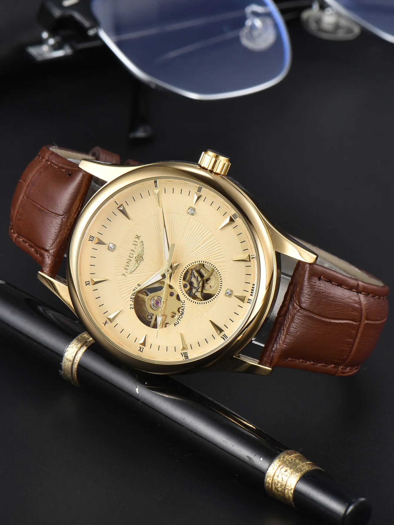 LONGLUX Leather Skeleton Mechanical Watch
