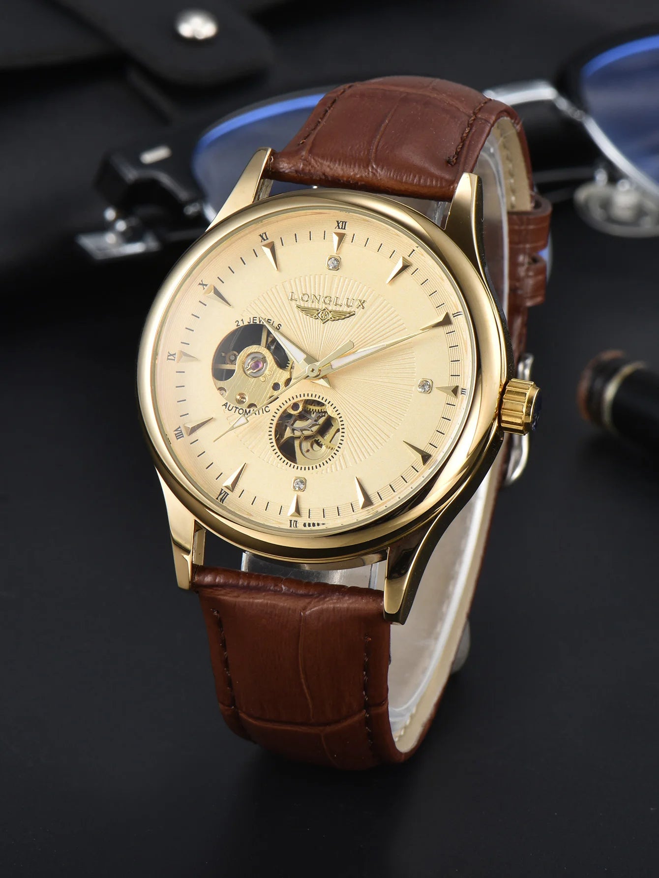 LONGLUX Leather Skeleton Mechanical Watch