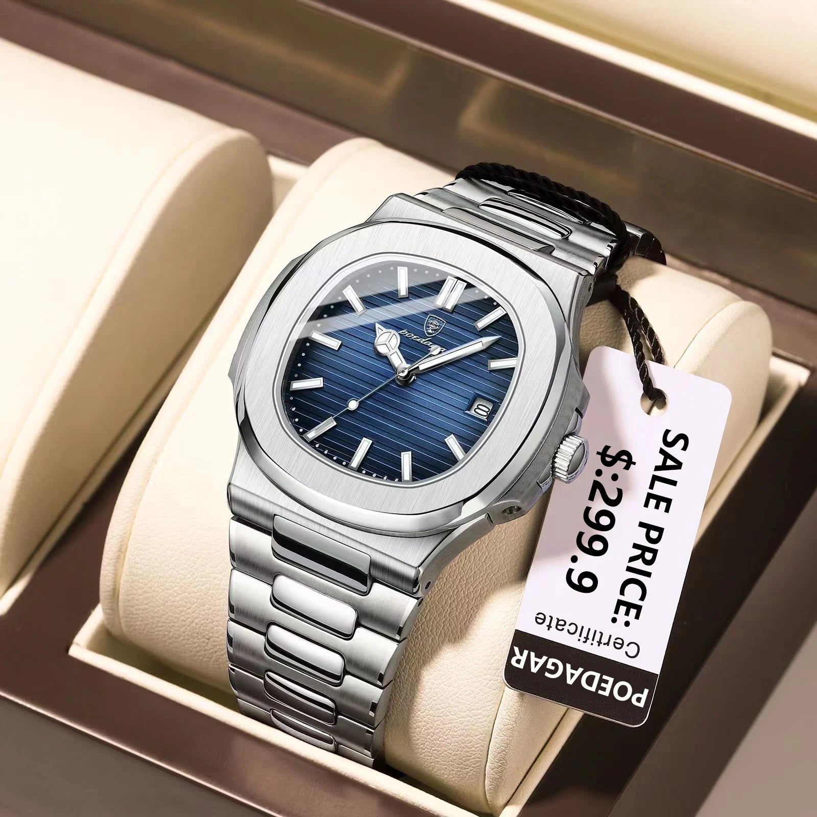POEDAGAR Square Stainless Steel Watch