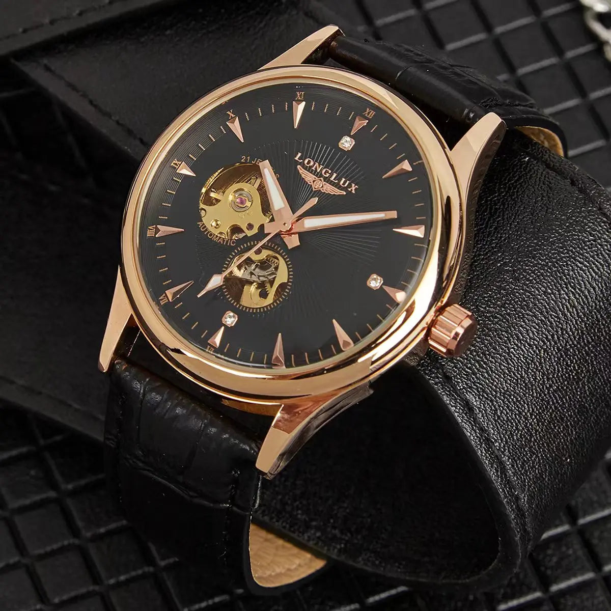 LONGLUX Leather Skeleton Mechanical Watch