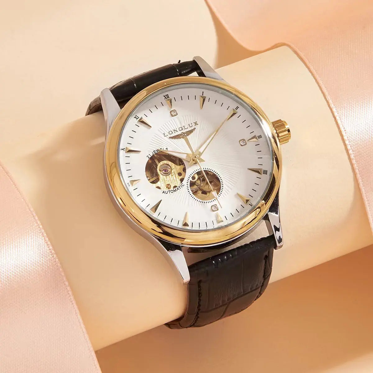 LONGLUX Leather Skeleton Mechanical Watch