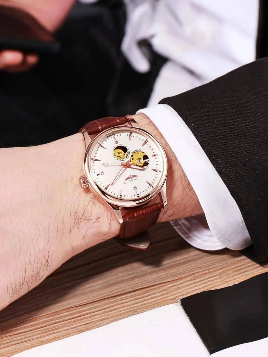 LONGLUX Leather Skeleton Mechanical Watch