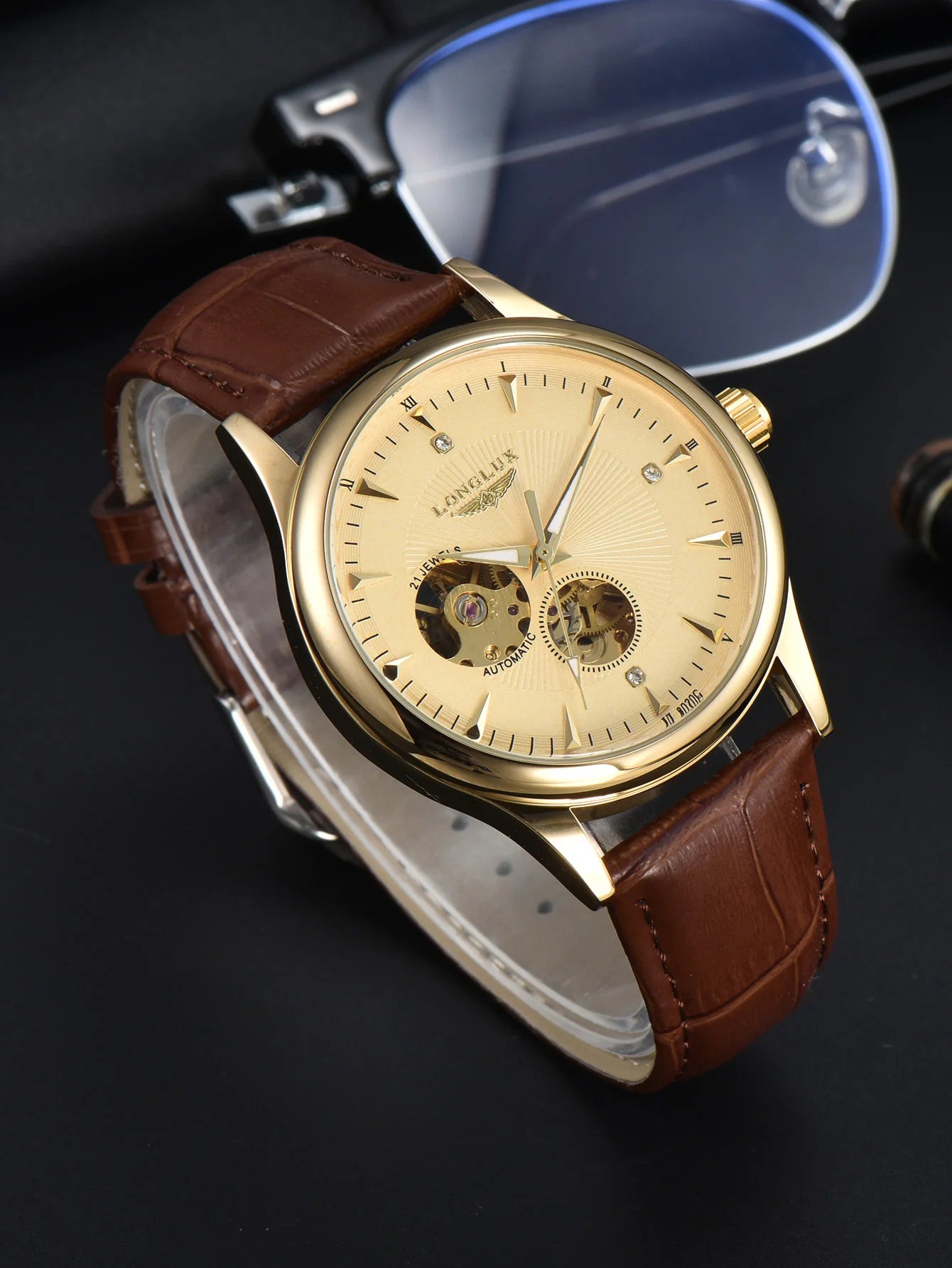 LONGLUX Leather Skeleton Mechanical Watch
