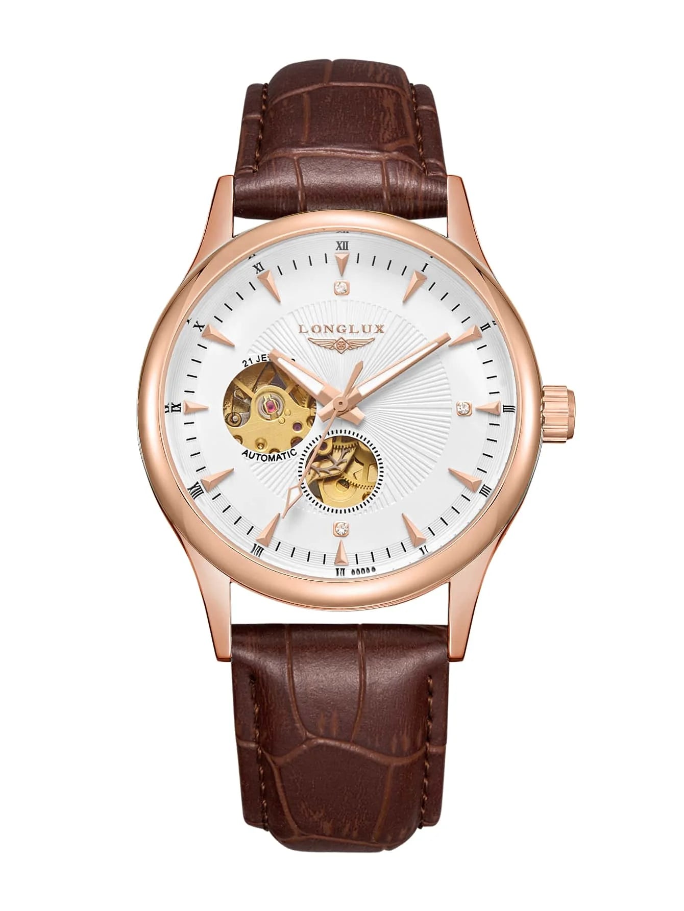 LONGLUX Leather Skeleton Mechanical Watch